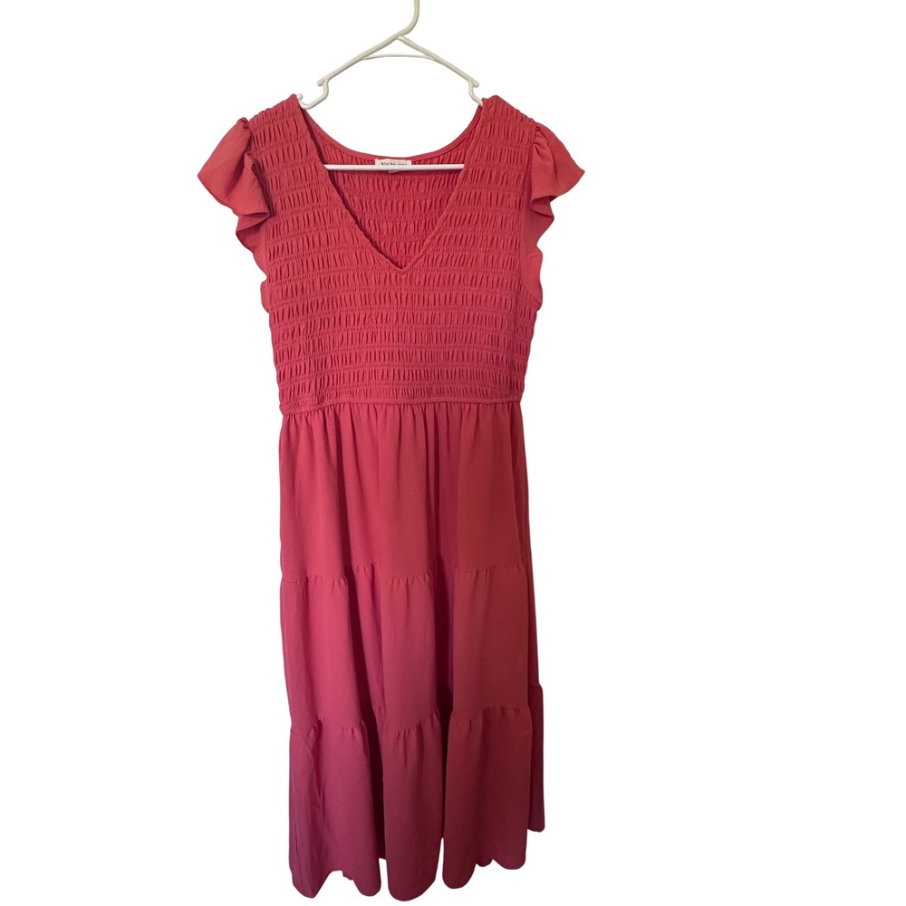 Blu Pepper Cottagecore Coral Smocked Tiered Midi Dress Flutter Sleeve Peasant L